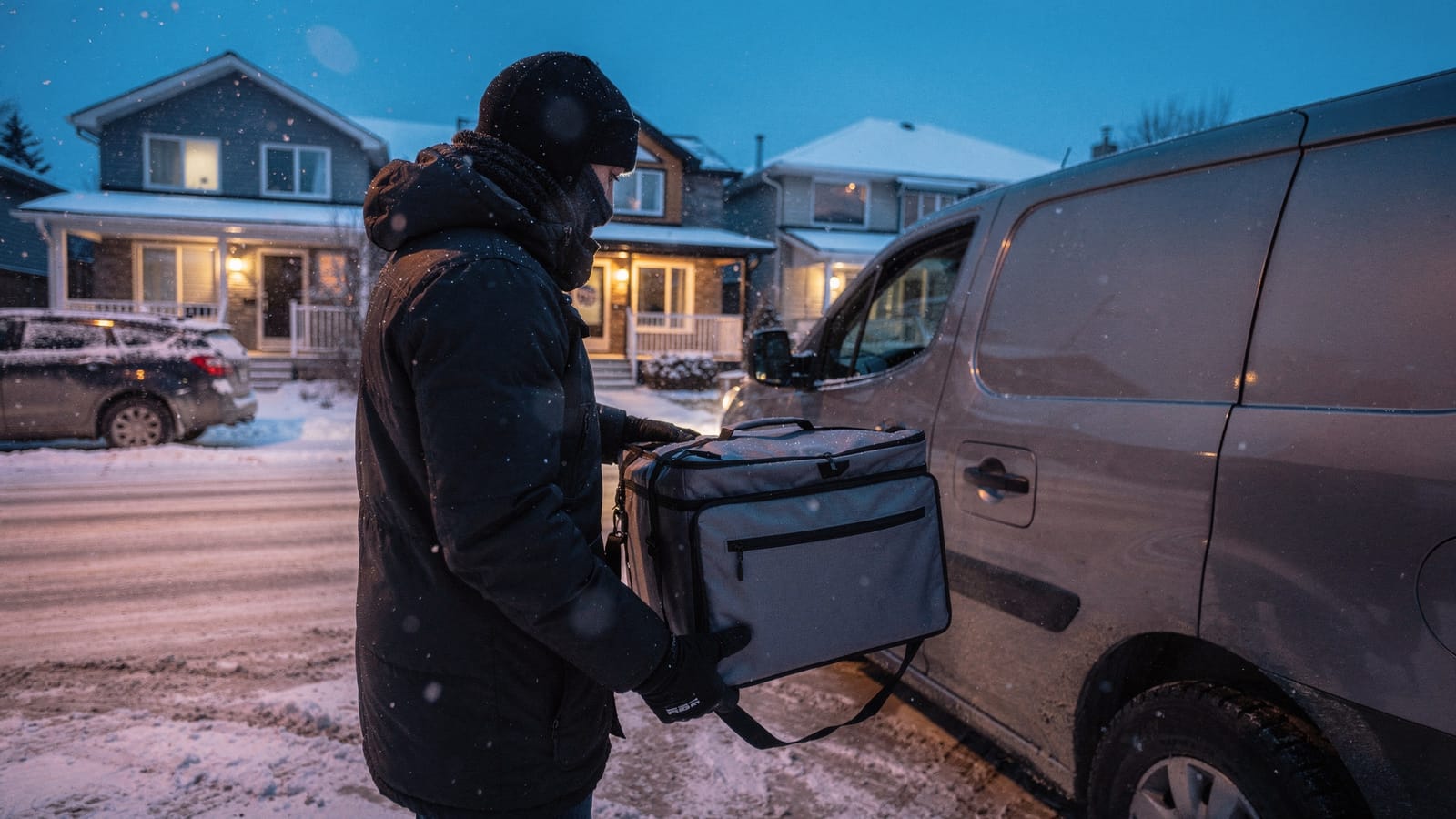 A delivery driver in a dark winter parka holds an insulated grey food bag beside a van on a snowy residential street at dusk.