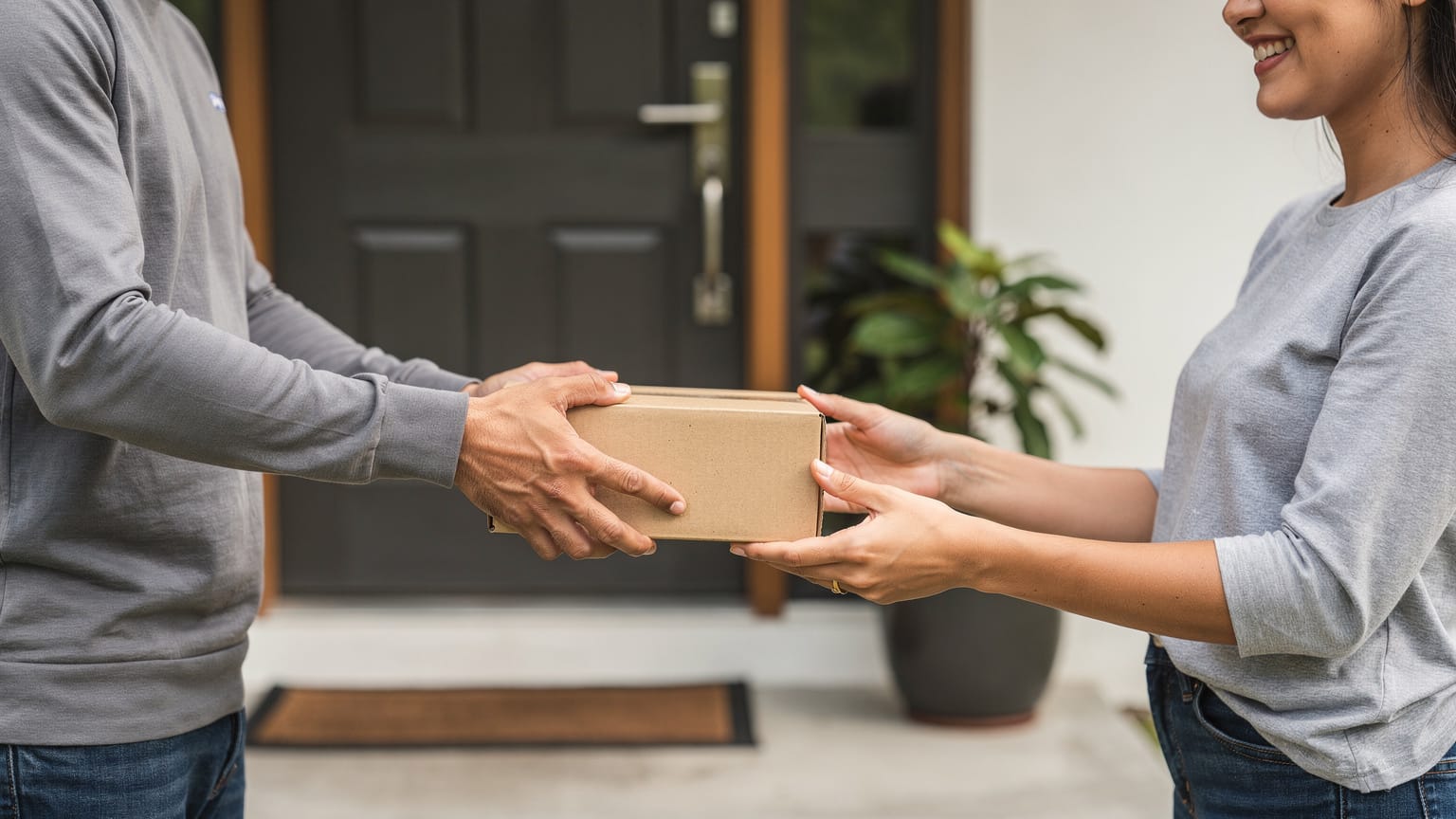 A courier's hands pass a plain cardboard parcel to a smiling woman in a grey top at a front door beside a potted plant.