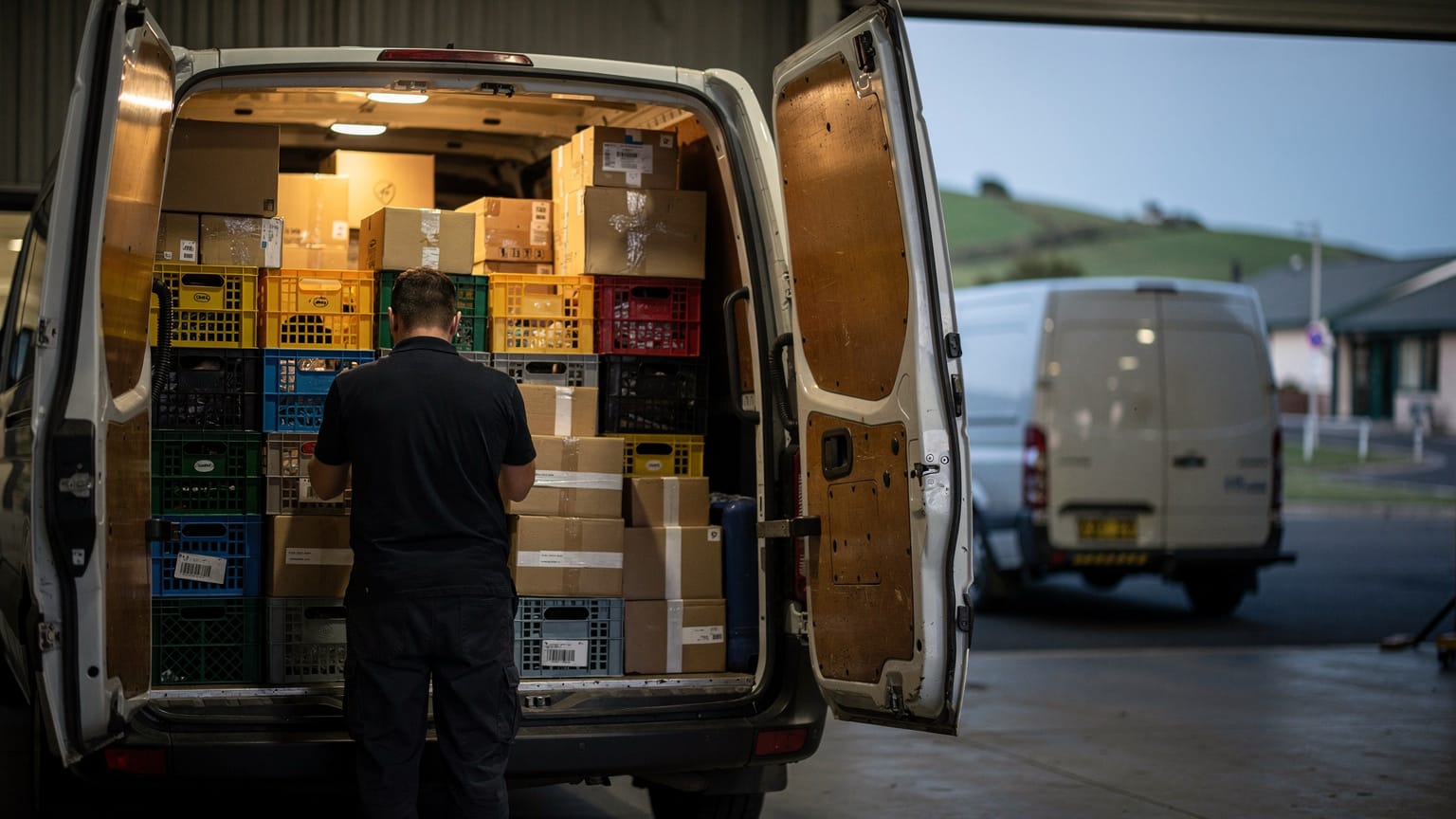 A delivery driver stands at the open rear doors of a white van packed with crates and cartons at a depot at dawn.