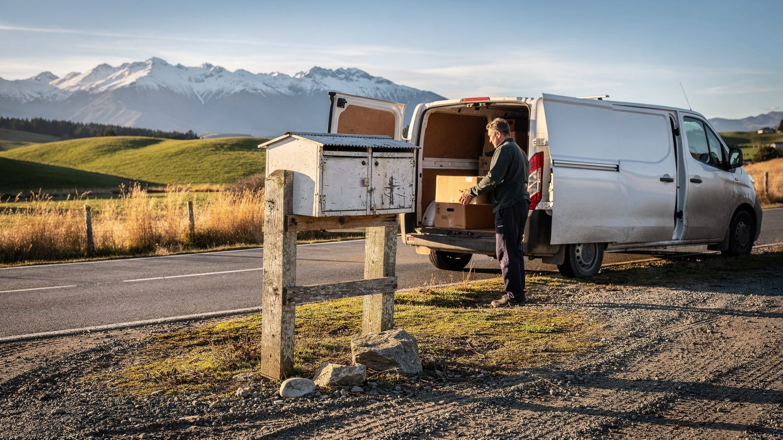 A delivery driver unloads a cardboard carton from a white van beside a weathered rural mailbox stand, with green hills and snow-capped mountains behind.