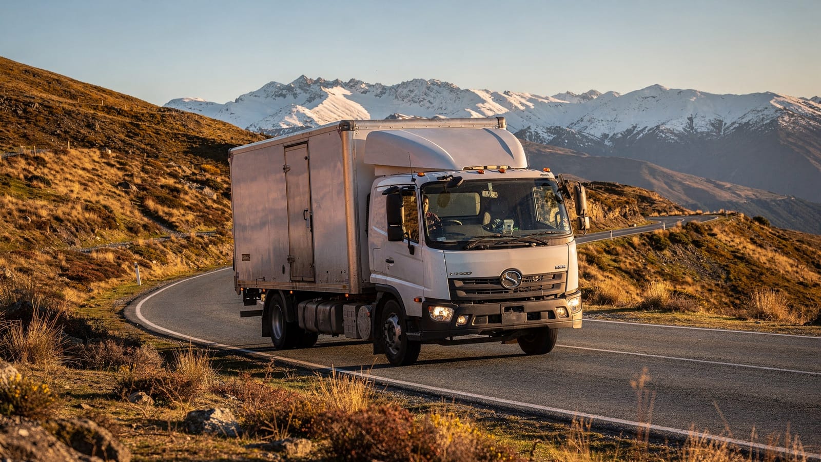 A white two-axle delivery truck rounds a bend on a dry alpine highway, golden tussock hillsides around it and snow-covered peaks behind.
