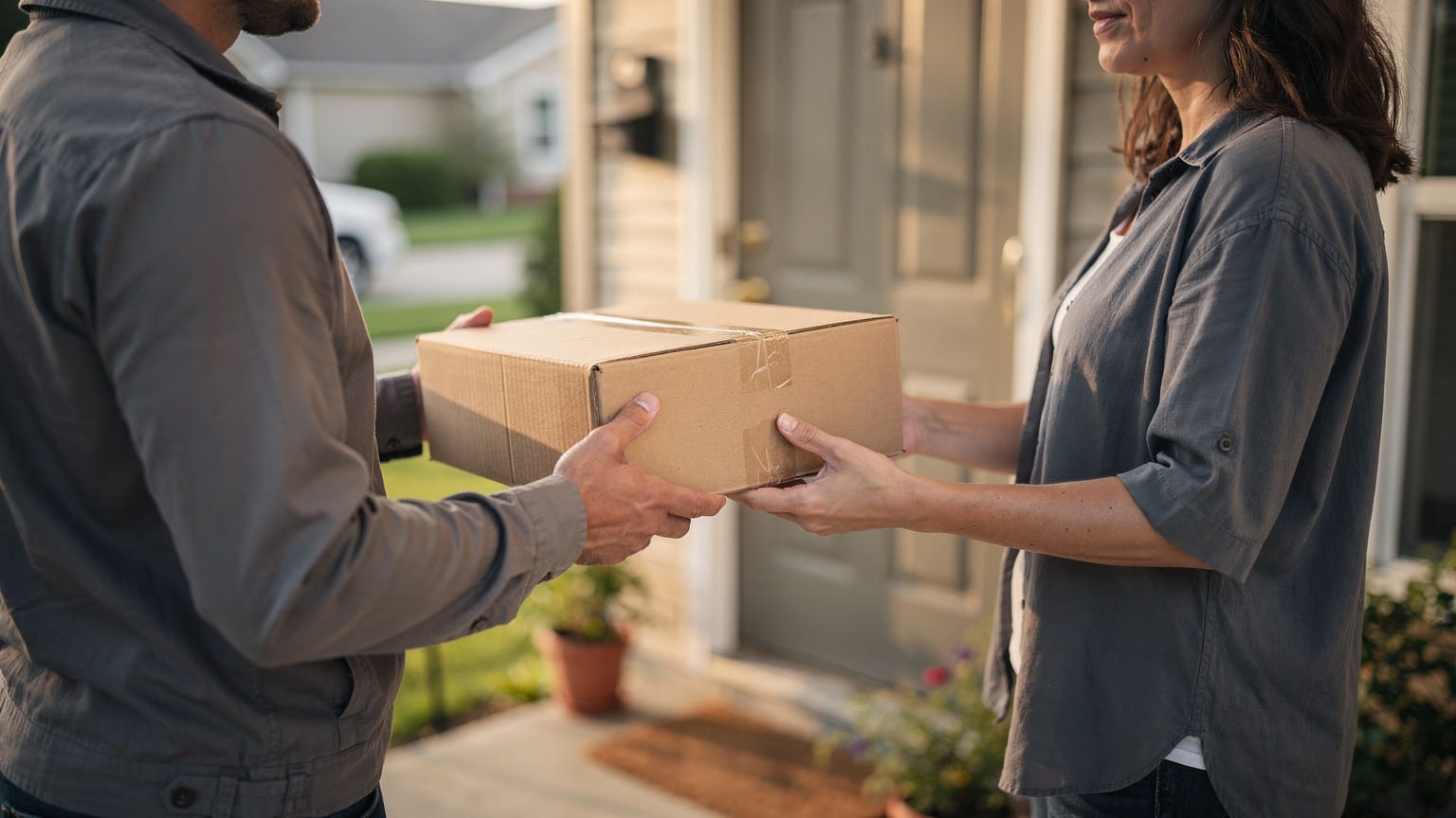 A delivery driver hands a small cardboard box to a woman at a suburban front door, with potted plants and a doormat on the porch.