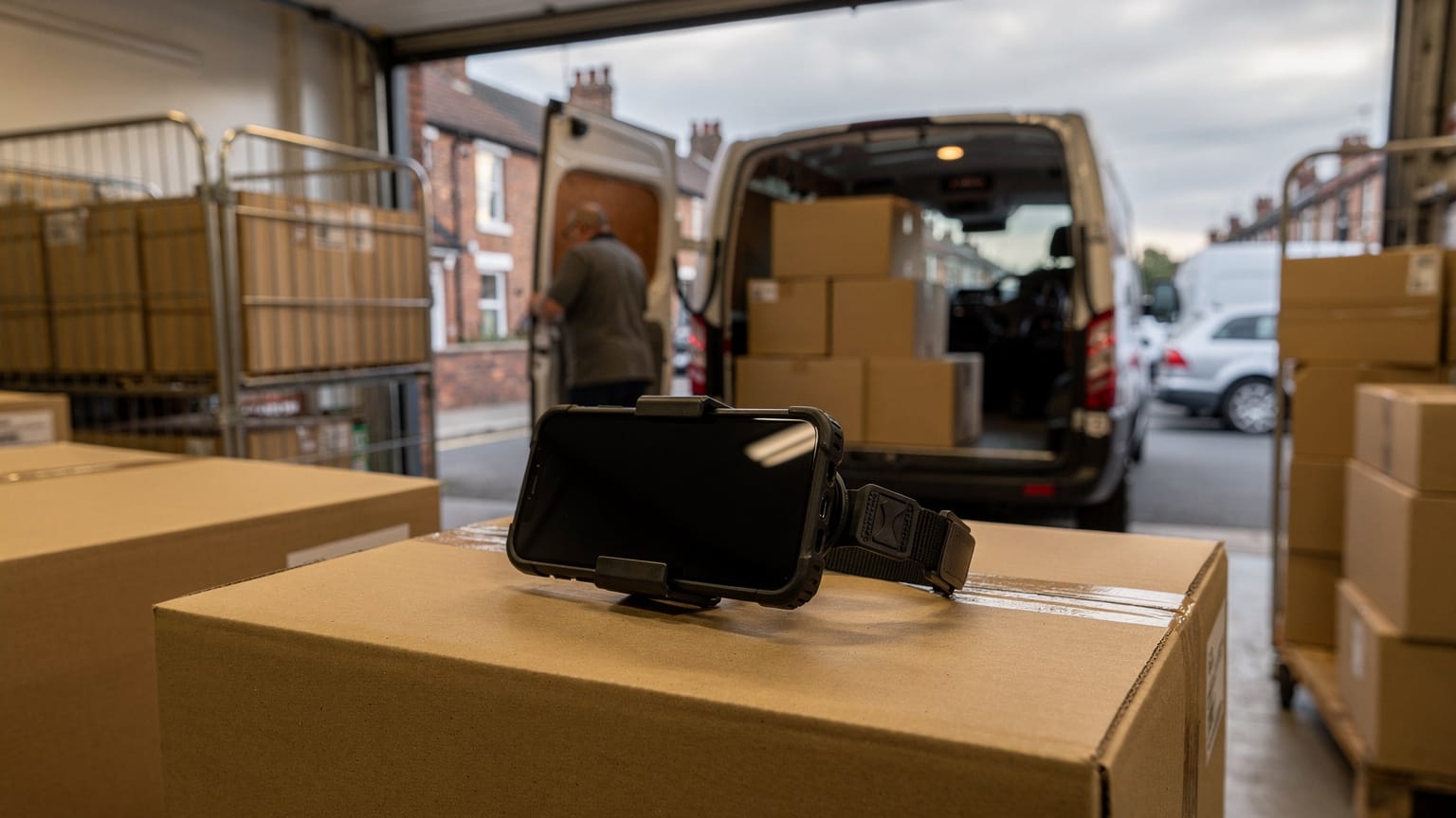 A smartphone in a rugged grip mount rests on a cardboard parcel in a depot loading bay, with roll cages and an open delivery van behind.