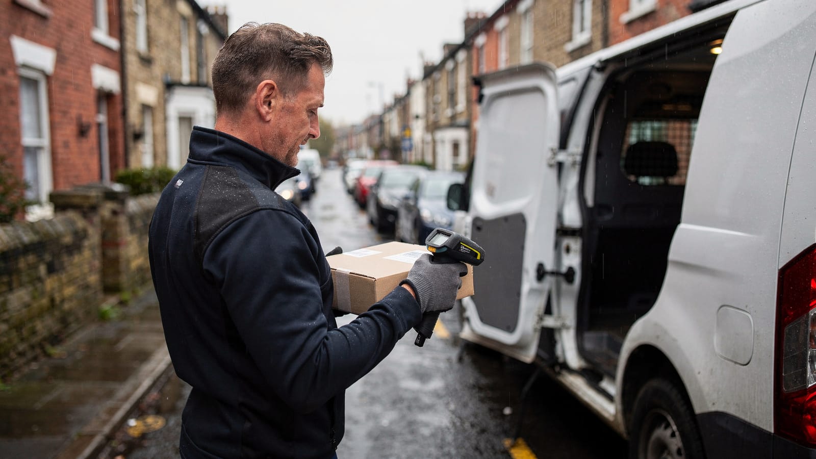 A delivery driver in gloves scans a cardboard parcel beside an open white van on a wet terraced street lined with brick houses and parked cars.