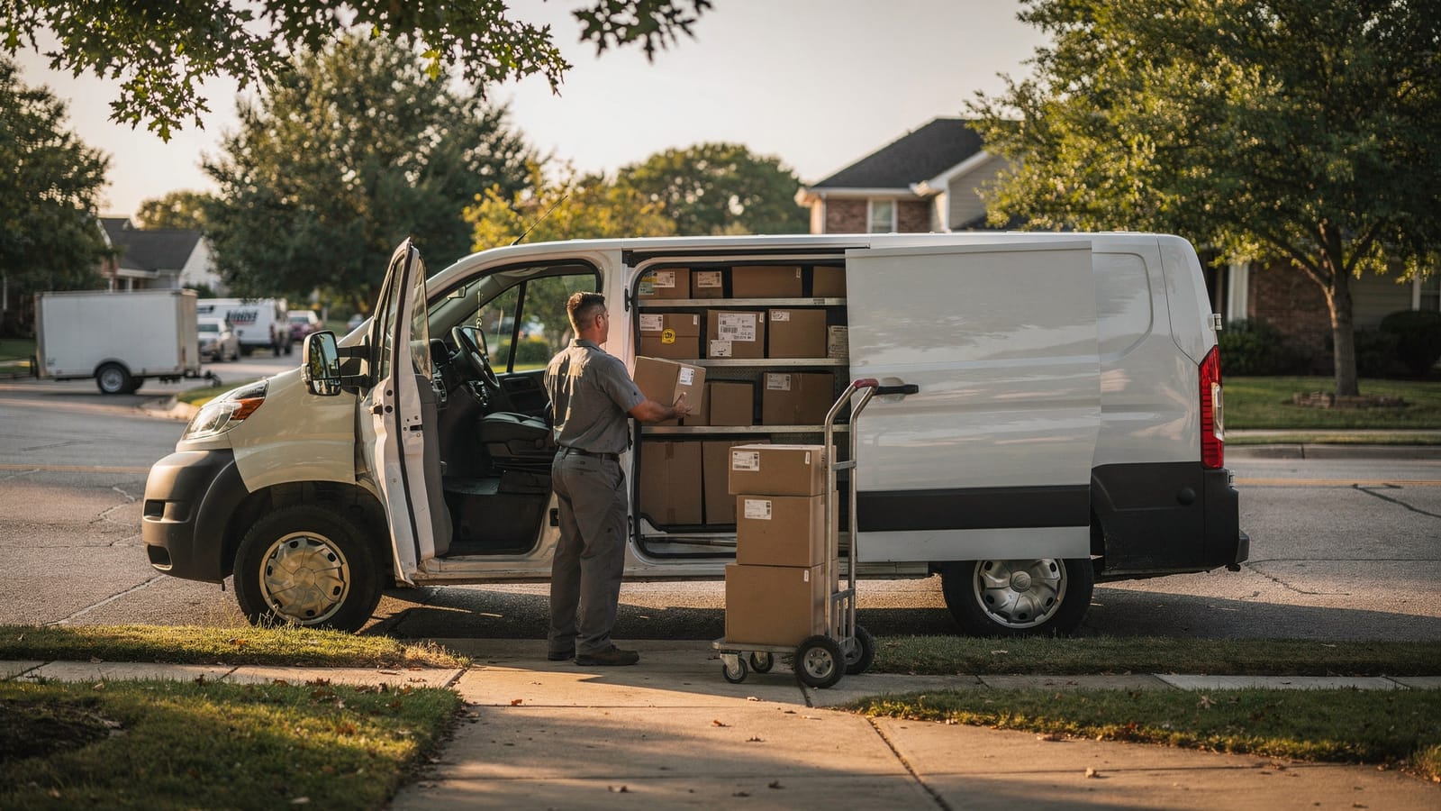 A delivery driver in a gray uniform lifts a parcel from shelves inside a white van parked at a tree-lined suburban curb.